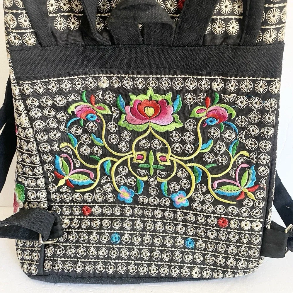 Unbranded Backpack Womens Medium Floral Rose Embroidered‎ Boho Black Excellent